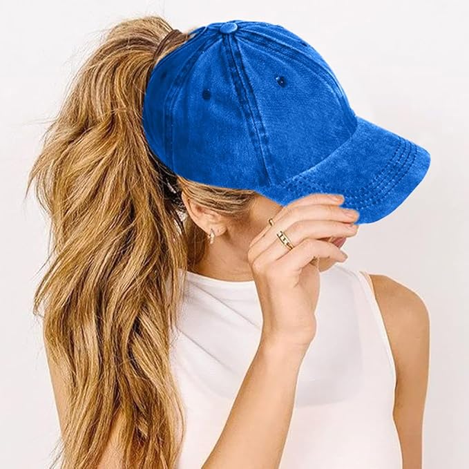 Womens Vintage Washed Distressed Baseball-Cap with Ponytail Hole Sport Golf Hat