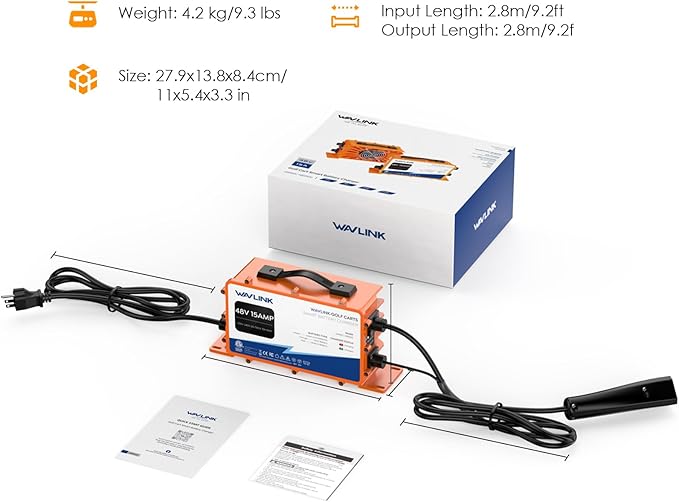 WAVLINK Golf Cart Smart Battery Charger GS950C - 48V 15A Max, 810W Output, IP67 Waterproof, LiFePO4/NMC/Lead-Acid Compatible, Intelligent Charging with CPU-Controlled PWM Technology