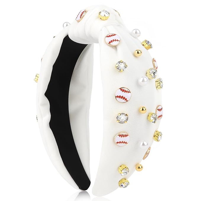 Baseball Headbands for Women Crystal Baseball Embellished Wide Top Knot Headband for Women Game Day Hair Accessories (White)