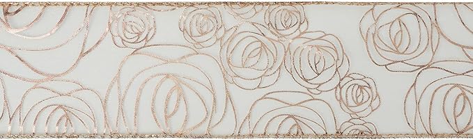 MEEDEE Floral Rose Wired 2.5 Inch Rose Gold Organza Sheer Ribbon, Wedding - Image 8