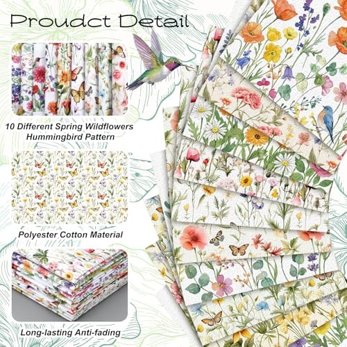 Hahafelt 10 Pcs Summer Wildflower Quilting Fabric Bundles 20 x 20 Inch