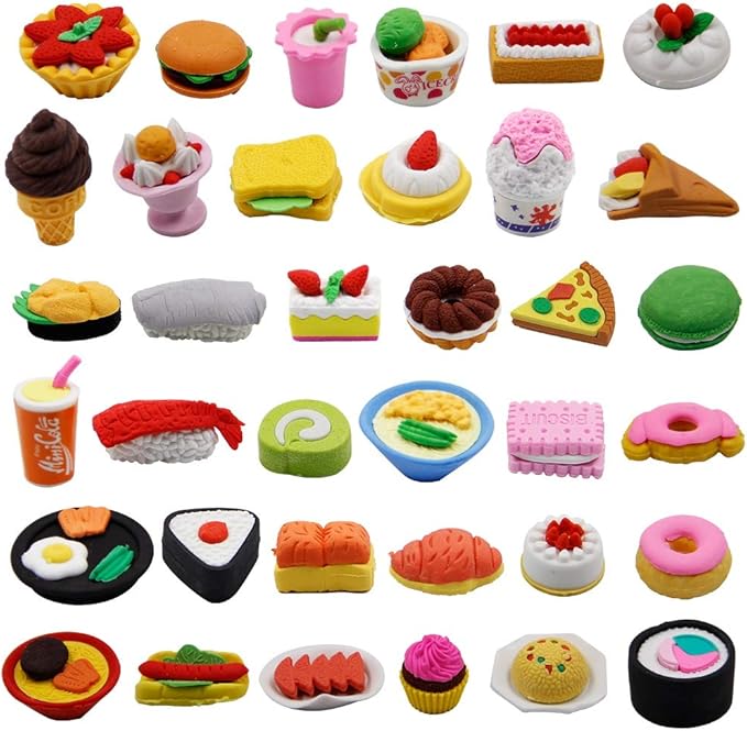 72 Pcs Assorted Food Pencil Erasers Toy Set, Cake Dessert Fruit Puzzle Erasers by Cllayees