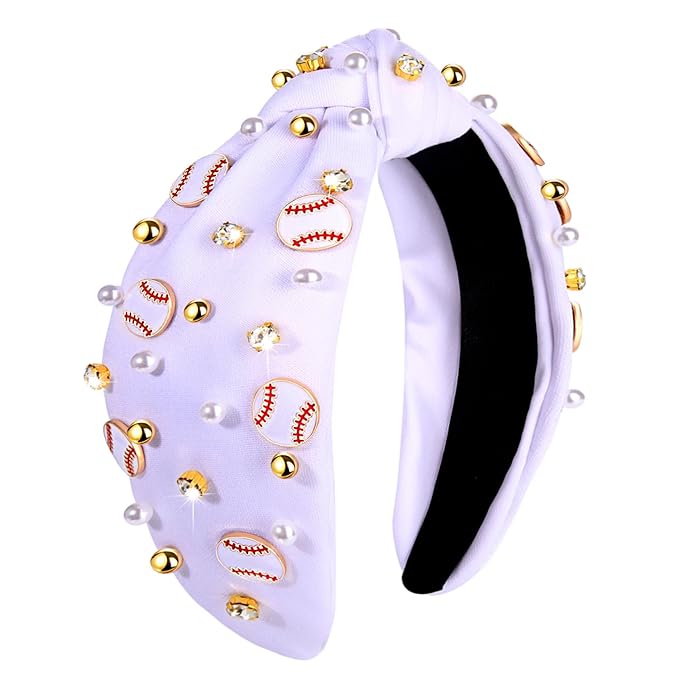 Baseball Headband for Women Baseball Accessories Beaded Crystal Pearl Knotted Headbands Baseball Charm Embellished Headbands Wide Top Knot Sports Game Day Headband Gifts (A-White)