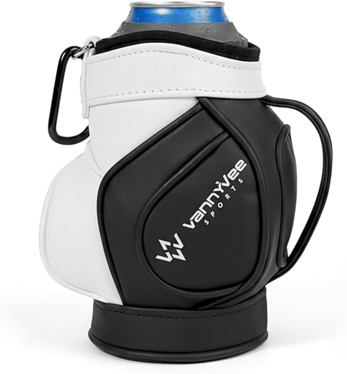 Mini Golf Bag Drink Holder & 14oz Stainless Steel Tumbler Set - Fits Multiple Can Sizes & Mixed Drinks – Fun Accessory & Golf Gift for Men and Women