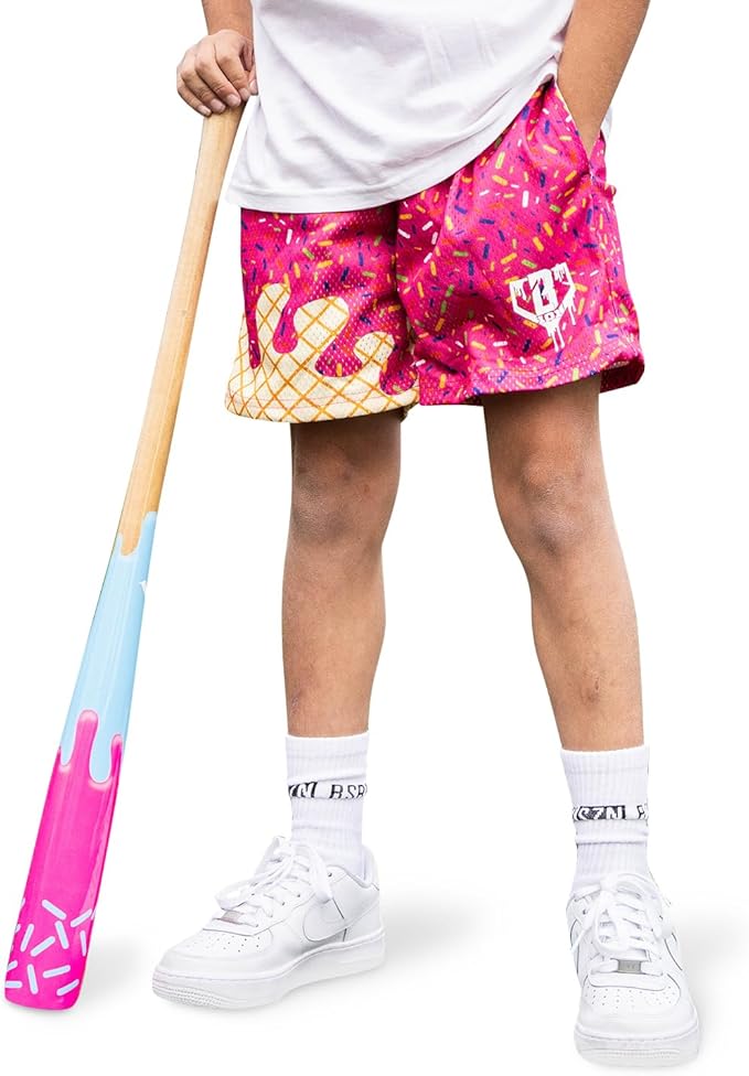 Baseball Lifestyle 101 Boy's Ice Cream Strawberry Mesh Shorts w/Side Pockets Elastic Waist, 5 in Inseam, Youth Sizes S-XL