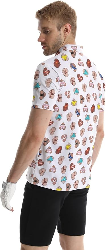 HUURAY Funny Golf Polos for Men Funny Print Short Sleeve Shirts Quick Dry Polo Shirts Hawaiian Shirt Performance Golf Outfits