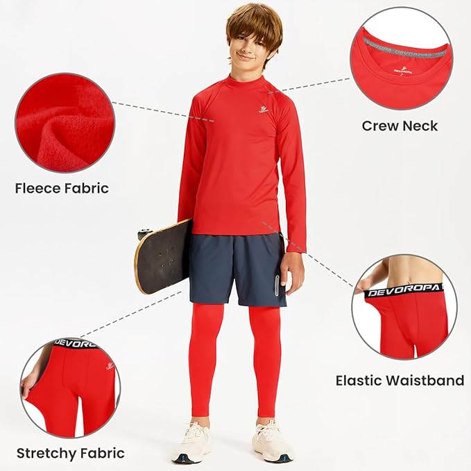 DEVOROPA Youth Boys Compression Thermal Shirt Long Sleeve Kids Fleece Baselayer Soccer Baseball Undershirt Slim/Regular/Husky