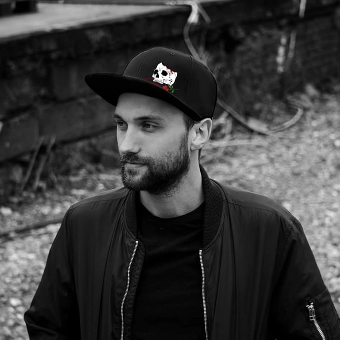 Skull Finger Flat Bill Hats for Men Black Mens Snapback Hat Baseball Cap Fitted Hat Rock N Roll Skeleton Hand Snap Backpack