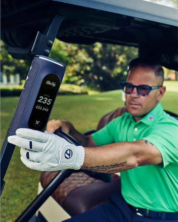 Blue Tees Golf Player+ AI-Powered GPS Speaker - Touchscreen Display, 10+ Hour Battery, 40,000+ Courses, Visual & Audible Distances, Hazard Detection, IPX7 Waterproof (Navy)