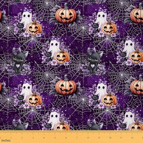 Halloween Fabric by The Yard Cartoon Ghost Pumpkin No Stretch Fabric for Sewing Supplies Cute Cat Purple Flowers Spider Web Soft Polyester for Home DIY Projects 1 Yard Pre-Cut,36" L x 59" W