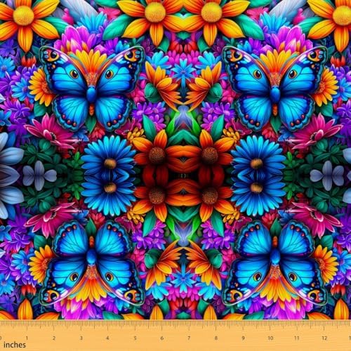 Colorful Butterfly Upholstery Fabric for Chairs Rainbow Flowers Fabric by The Yard 109"x63", Rustic Butterflies Watercolor Beetles Aesthetic Animal Sewing Fabric DIY Projects