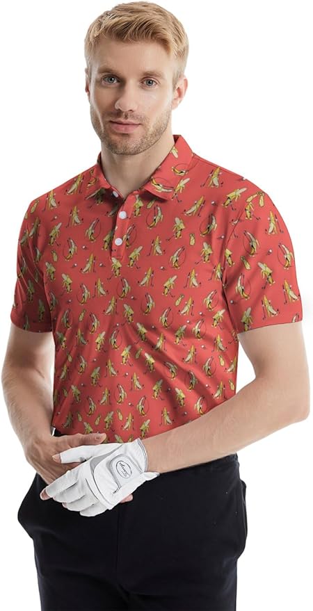HUURAY Funny Golf Polos for Men Funny Print Short Sleeve Shirts Quick Dry Polo Shirts Hawaiian Shirt Performance Golf Outfits