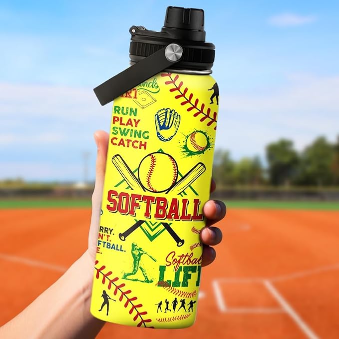 Softball Gift Water Bottle With Lid, 32oz Insulated Stainless Steel Sport Bottles - Softball Players Fan Coach
