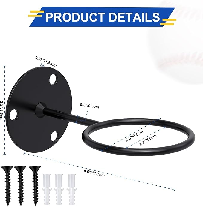 Threan Baseball Display Holder for Wall, Metal Softball Memorabilia Wall Mount Rack, Heavy Duty Sports Theme Decor for Office, Garage and Man Cave (Black)