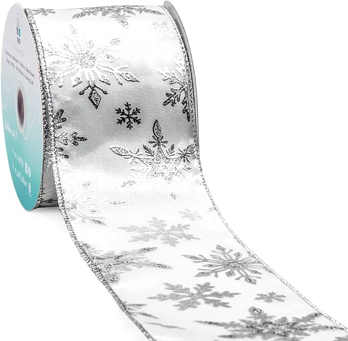 CT CRAFT LLC Satin with Silver Snowflake Wired Ribbon 2.5 Inch x 10 Yards by CTCRAFTLLC