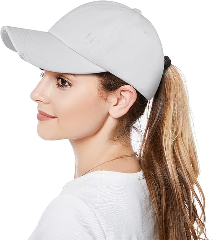 Womens Criss Cross Ponytail Baseball Cap Distressed Ponytail Hat High Messy Bun Trucker Ponycap for Outdoor Sports
