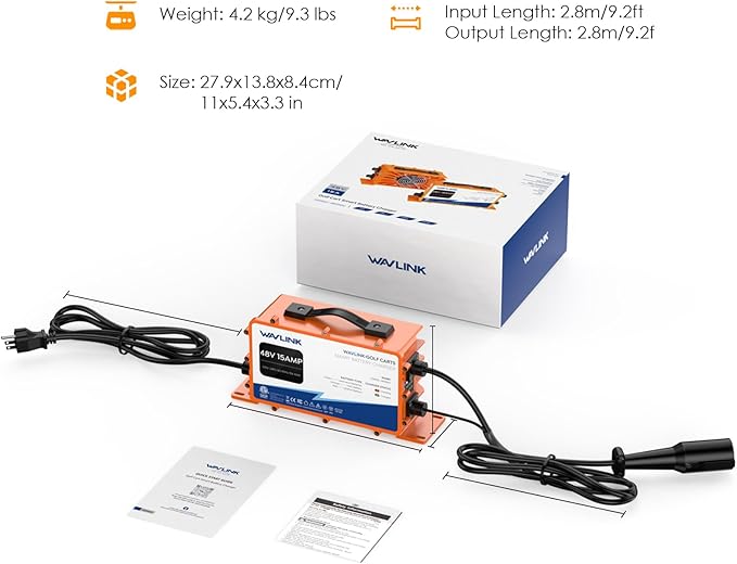 WAVLINK Golf Cart Smart Battery Charger GS950C - 48V 15A Max, 810W Output, IP67 Waterproof, LiFePO4/NMC/Lead-Acid Compatible, Intelligent Charging with CPU-Controlled PWM Technology