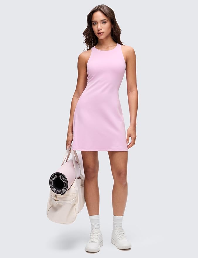CRZ YOGA Butterluxe Racerback Mini Dress for Women - A Line Crewneck Casual Travel Outfits with Bras No Built-in Shorts