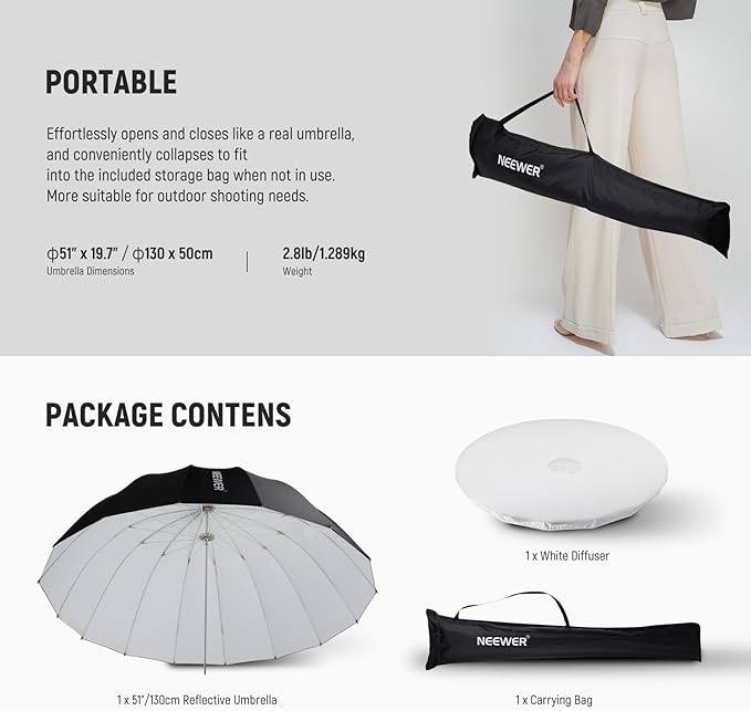 NEEWER 51"/130cm Parabolic Reflective Umbrella Photography - Image 9