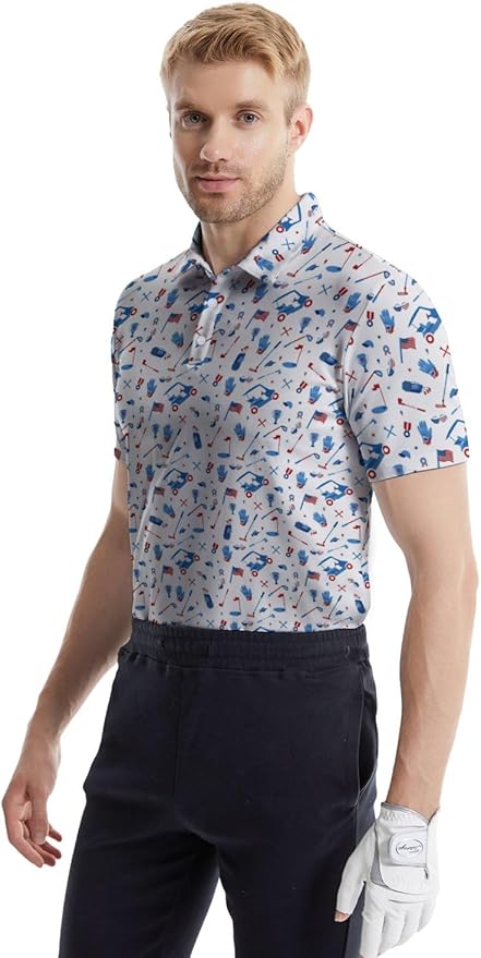 HUURAY Funny Golf Polos for Men Funny Print Short Sleeve Shirts Quick Dry Polo Shirts Hawaiian Shirt Performance Golf Outfits