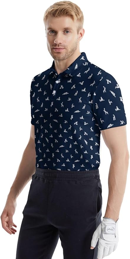 HUURAY Funny Golf Polos for Men Funny Print Short Sleeve Shirts Quick Dry Polo Shirts Hawaiian Shirt Performance Golf Outfits