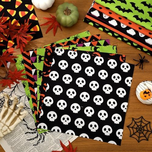 JarThenaAMCS 60Pcs Halloween Fabric Squares Pumpkin Black Cat Ghost Witch Cotton Fabric Bundles Small Green Purple Black Orange Sewing Fabrics for DIY Sewing Craft Decor