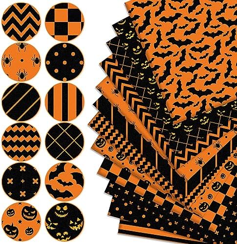 Whaline 12Pcs Halloween Cotton Fabric Bundles 10 x 10 Inch Spider Pumpkin Bat Plaid Stripe Dot Fabric Squares Orange Black Squares Sewing Fabrics for DIY Craft Party Decor