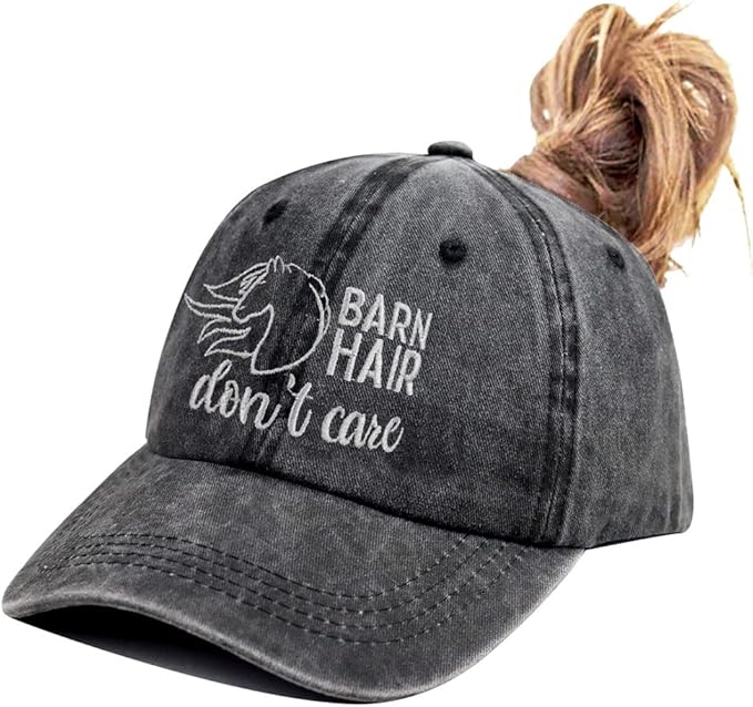 Barn Hair Don't Care Ponytail Hat, Embroidered Adjustable Cotton Baseball Cap, Horse Lovers Gifts for Girls Women