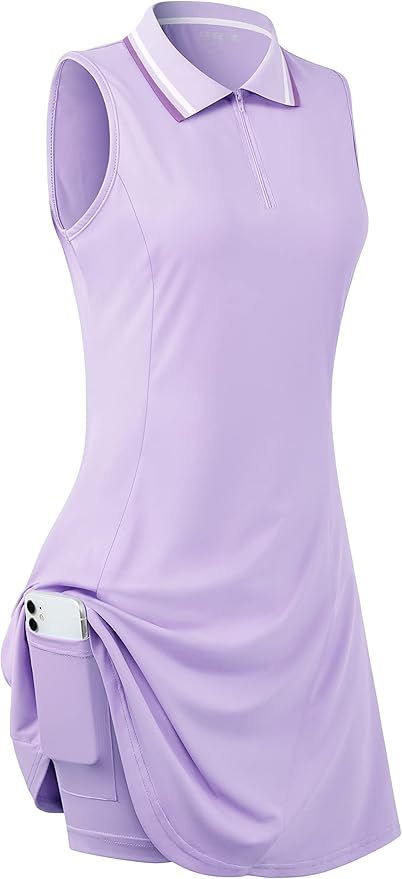 Womens Sleeveless Golf Tennis Dresses with Inner Shorts＆Pockets for Workout Exercise