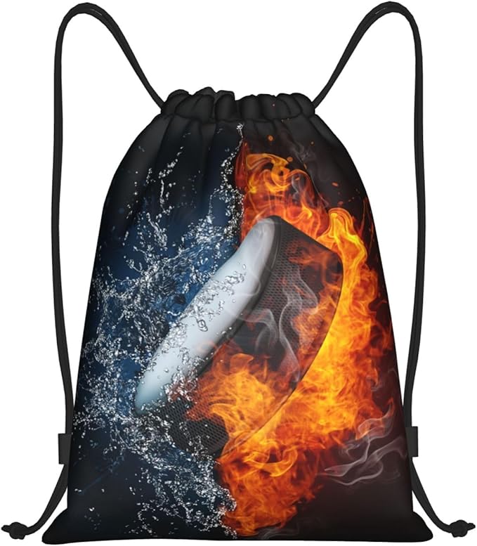Boys Hockey Drawstring Bags, Sports-Themed Drawstring Backpack Casual Knapsack with Water and Fire Printed for Kids Teens Adults Women Men for Gym Travel Swimming Hiking Camping, Medium
