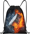 Boys Hockey Drawstring Bags, Sports-Themed Drawstring Backpack Casual Knapsack with Water and Fire Printed for Kids Teens Adults Women Men for Gym Travel Swimming Hiking Camping, Medium