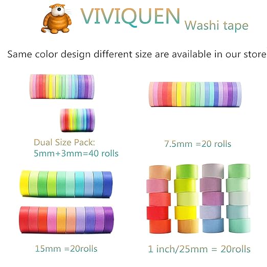 VIVIQUEN Washi Tape Set, 20 Rolls Colored Masking Tape, 15mm Rainbow Pastel - Image 7