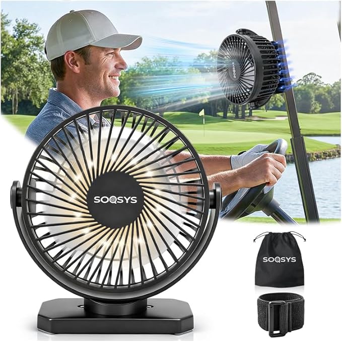 12000mAh Golf Cart Fan Rechargeable Magnetic Base, Battery Operated Fan Portable with 3 Speeds, LED, Timers, Strap, Hook - Golf Cart Accessories Suitable for Club Car Camping Office Cruise Ship