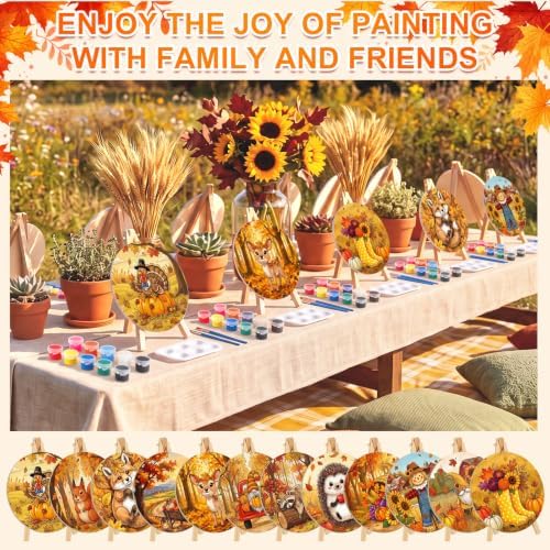 Supervitae 72 Piece Fall Round Pre Drawn Canvas Kit 5.9" Paint and Sip Kit for Adults Painting Party Pre Printed Canvas DIY with Pictures Paints Easels Brushes for Autumn Party Gifts