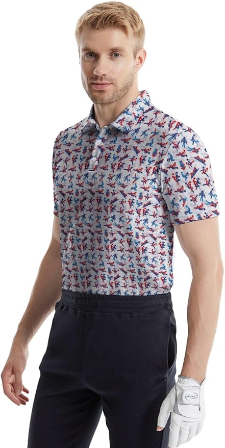 HUURAY Funny Golf Polos for Men Funny Print Short Sleeve Shirts Quick Dry Polo Shirts Hawaiian Shirt Performance Golf Outfits