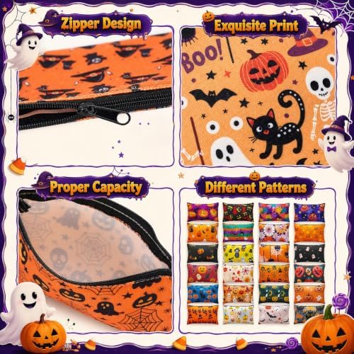 Meanplan 24 Pcs Halloween Makeup Bags Bulk Canvas Cosmetic Bags with Zipper