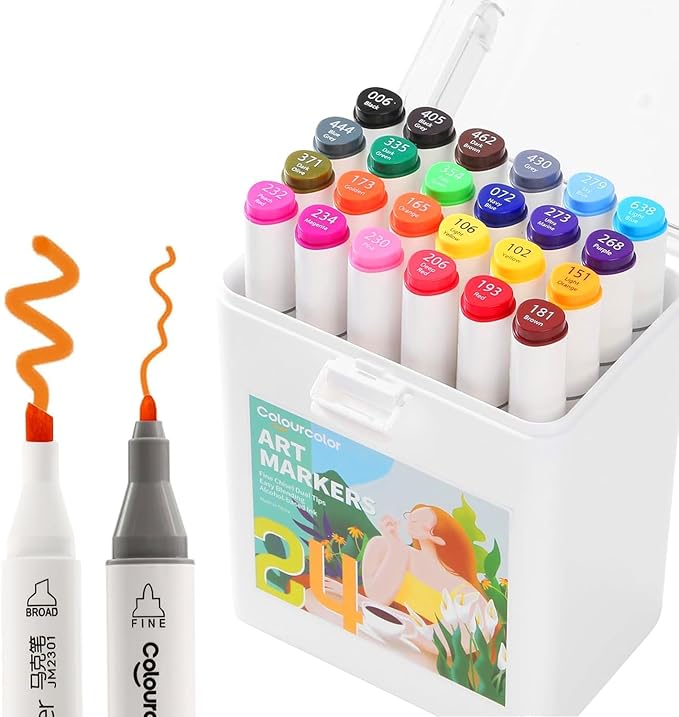 Back to School 24 Colors Alcohol Markers Set, Fine & Chisel Dual Tips Art Twin by Colourcolor