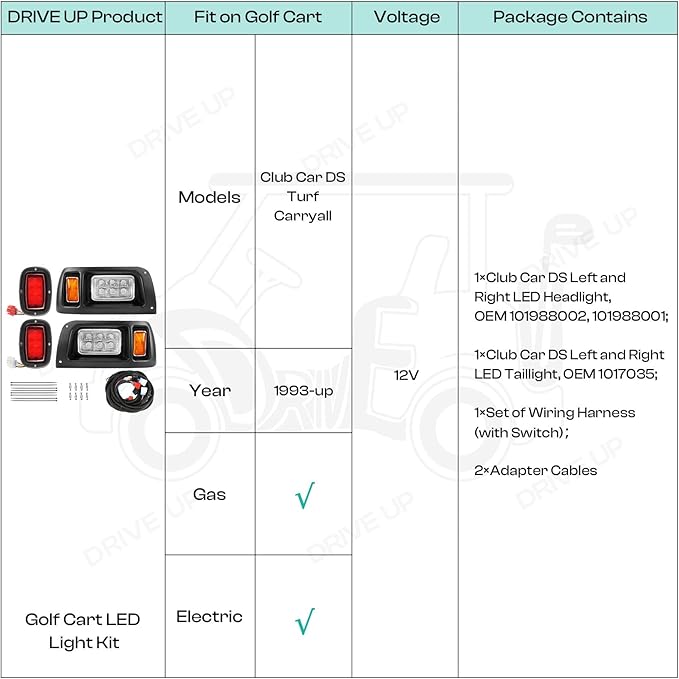 DRIVE UP Club Car LED Light Kit 12 Volt Headlight and Tail Light Assembly for 1993-Up Club Car DS Golf Cart OEM 101988001 101988002