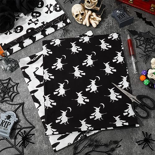 Whaline 12Pcs Halloween Cotton Fabric Bundles 18 x 22 Inch Spider Pumpkin Bat Witch Plaid Stripe Dot Fat Quarters White Black Quilting Patchwork Squares Sewing Fabrics for DIY Craft Party Decor
