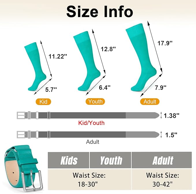 XZQTIVE Baseball Softball Socks and Baseball Softball Belt Combo Set Knee-High Soccer Socks for Kids Youth Adult