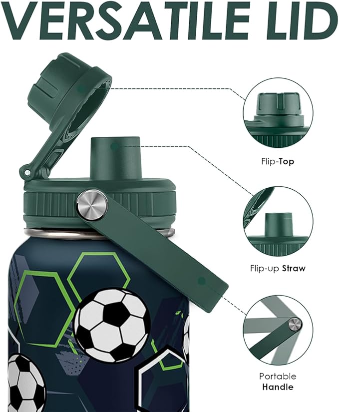 Soccer Water Bottle 32oz Stainless Steel, Travel Tumbler Vacuum Chug Lid Aesthetic Sport for Boys Men Friends Dad Brothers, Gifts for Fathers Day Birthday Christmas