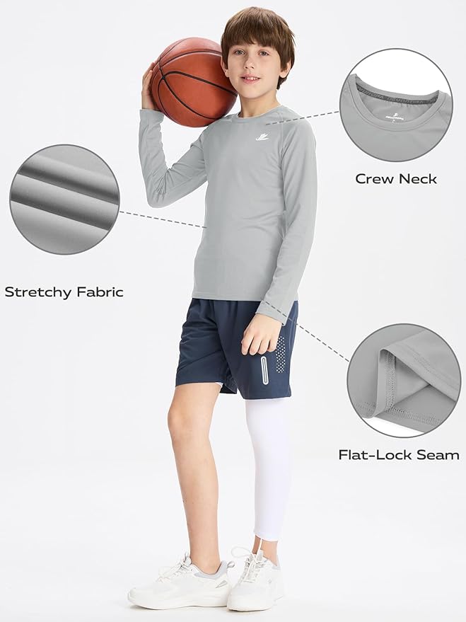 DEVOROPA Youth Boys Compression Shirt Long/Short Sleeve Football Baseball Undershirt Quick Dry Kids Sports Baselayer Crewneck