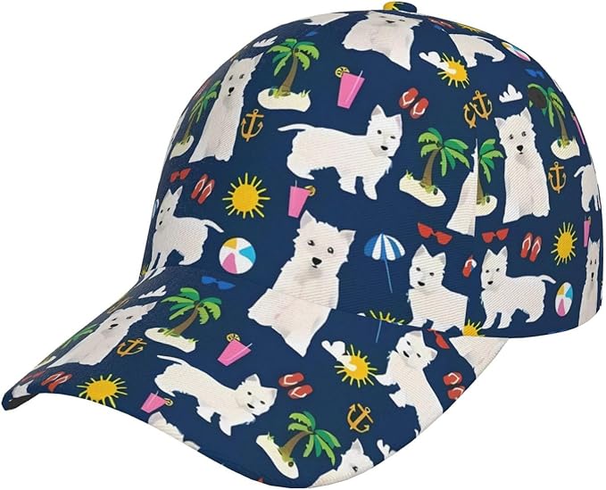 Westie Dogs Beach Summer Tropical Baseball Cap Men Women Classic Adjustable for Running Workout and Outdoor All Season Hat