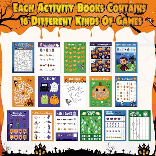 Kosiz 24 Pcs Halloween Activity Books for Kids, Mini Coloring Game Set