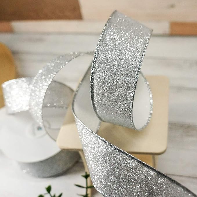 CT CRAFT LLC Glitter Wired Ribbon 1.5" x 10 Yards Silver - Image 5