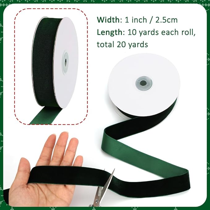 Dark Green Velvet Ribbon, 1 Inch x 20 Yards Single Faced Green Ribbon - Image 3
