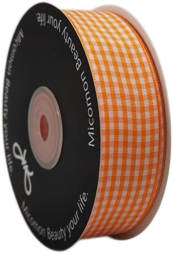 Micomon Orange Gingham Plaid Checked Ribbon 25 Yard Each Roll 100% Polyester - Image 2