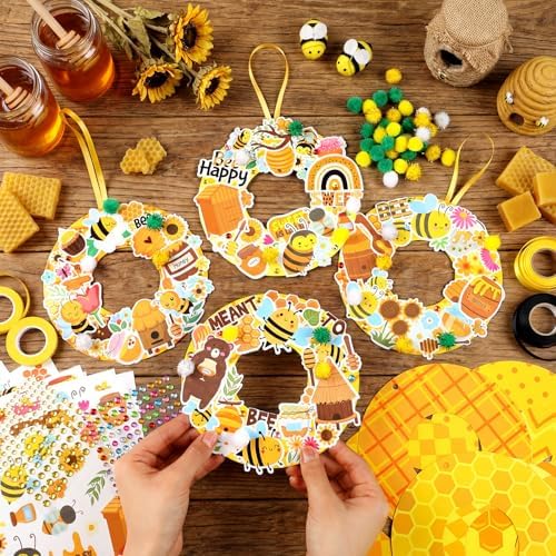 Hollowfly 48 Sets Bee Craft Kits DIY Summer Wreath with Honey Stickers