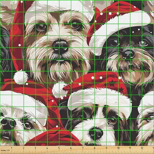 Lunarable Christmas Fabric by The Yard, Illustration Print Whimsical Happy Dogs and Puppies with Santa's Hat, Decorative Fabric for Upholstery and Home Accents, 1 Yard, Ruby Black and Brown