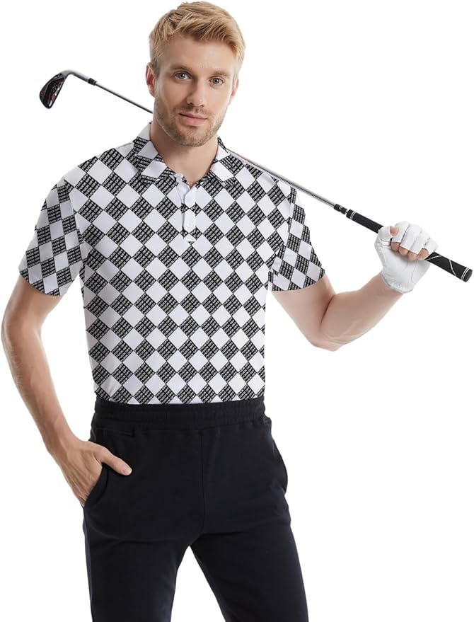 HUURAY Funny Golf Polos for Men Funny Print Short Sleeve Shirts Quick Dry Polo Shirts Hawaiian Shirt Performance Golf Outfits